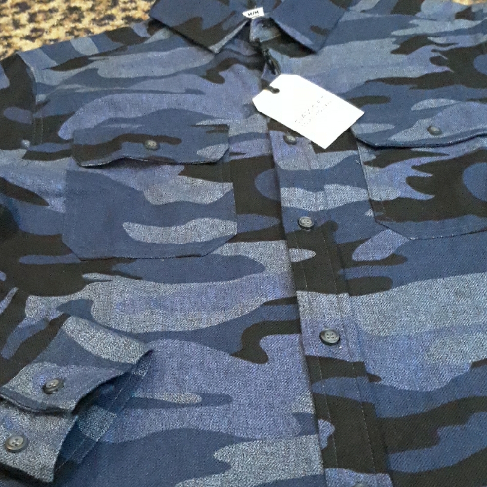 COMO Man CARGO Cotton Button front SHIRT jacket layer CAMOUFLAGE BLUE MENS NEW M - Picture 4 of 5